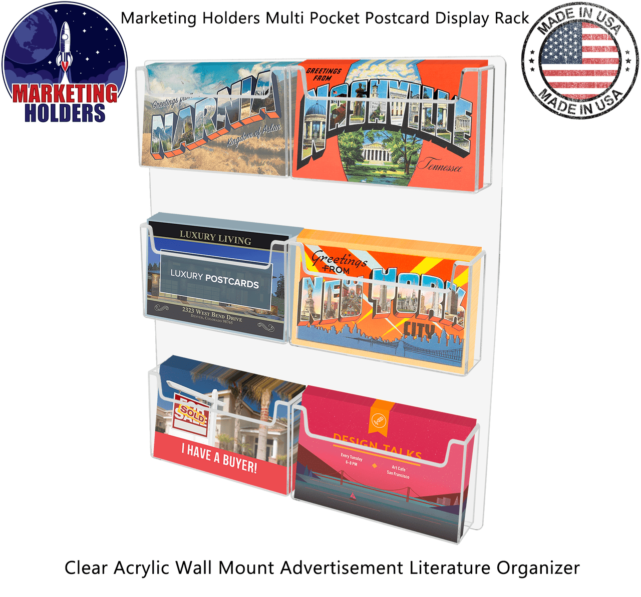 Wall 6 Pocket Postcard Holder for 6"W Advertising Literature
