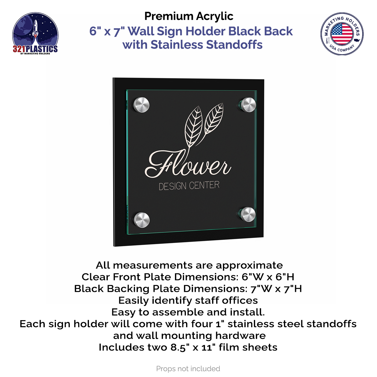 6" x 7" Wall Sign Holder Black Back with Stainless Standoffs