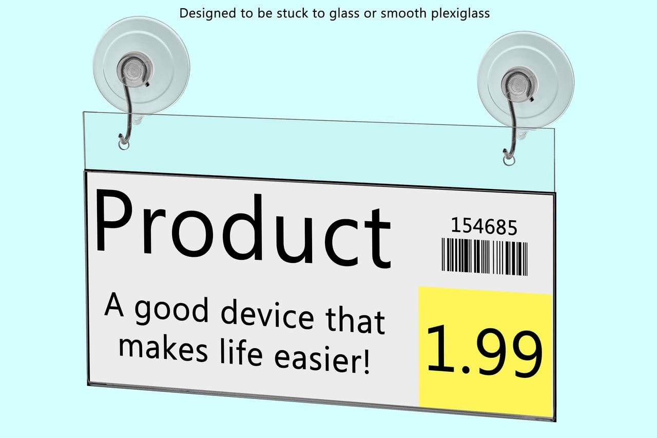 Window Sign Holder 8.75"W x 4"H Display with Suction Cup Hooks