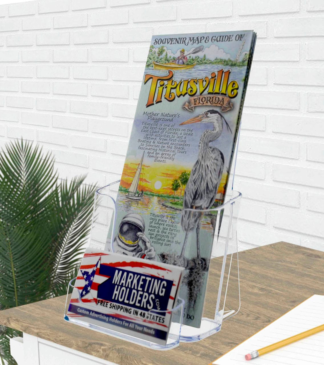 Slant Back Four Inch Wide Trifold Literature Holder with Business Card Holder