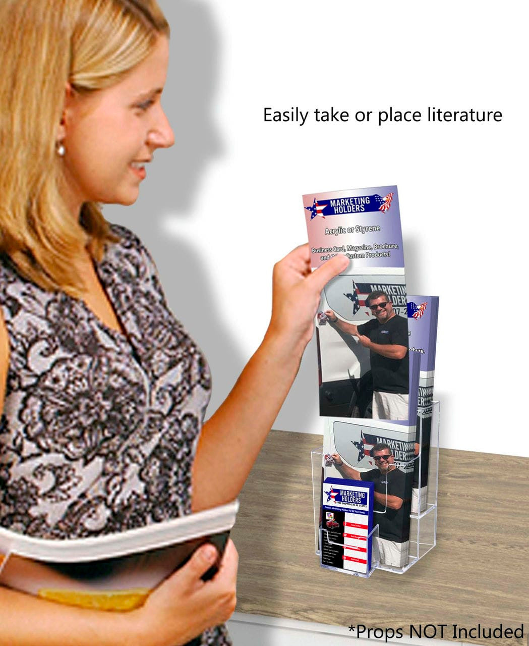 4"W Trifold Display Tiered 2 Pocket Stand with Vertical Card Slot