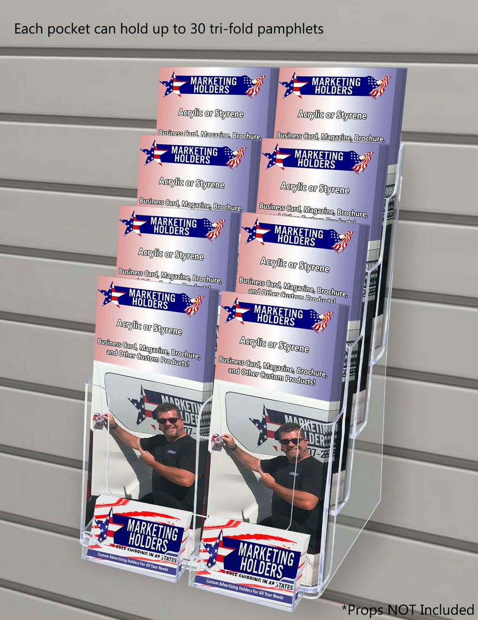 Slatwall Brochure Holder for 4"W Trifolds and 8.5" Flyers with 2 Card Slots