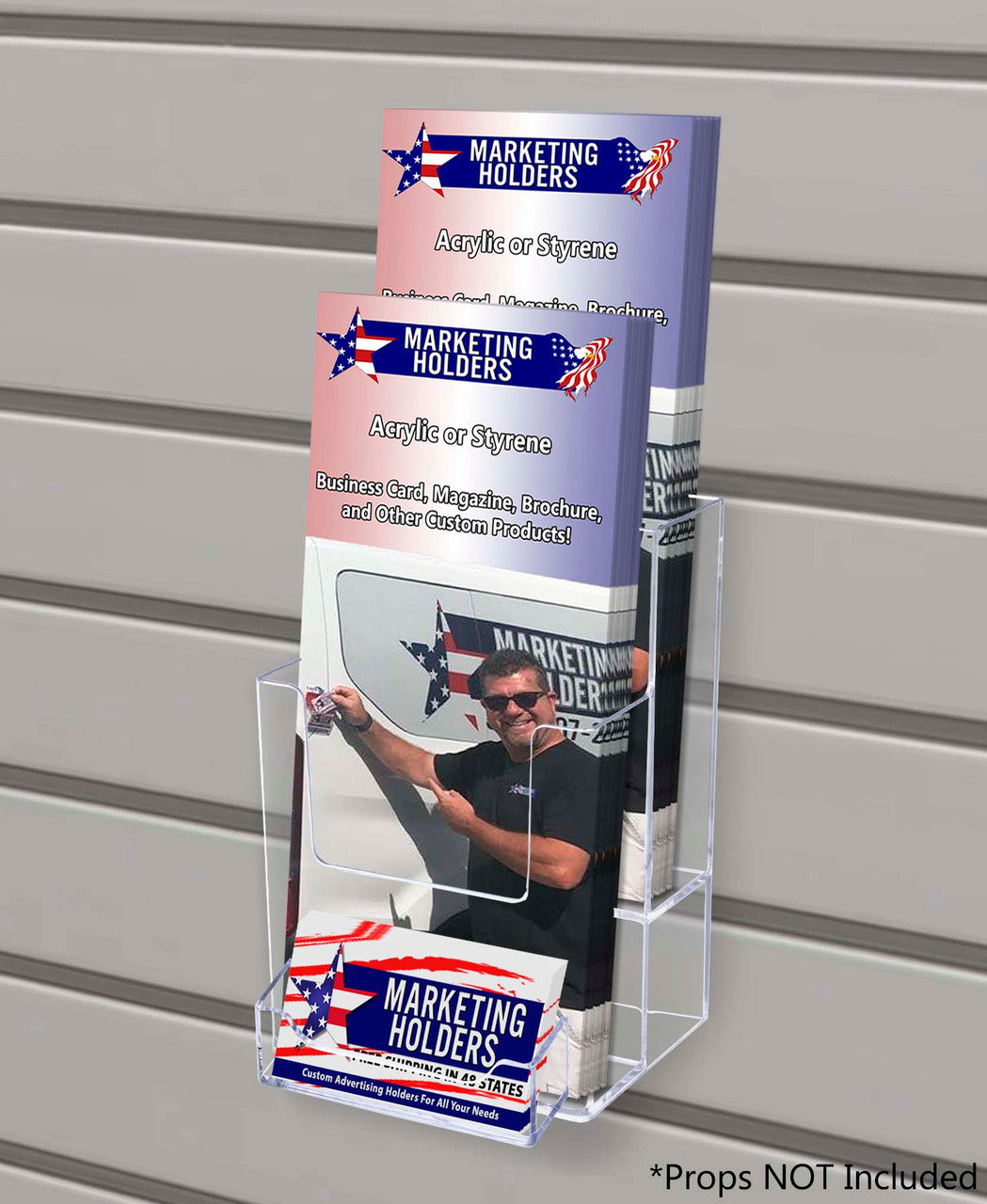 Slatwall 4"W Brochure Holder 2 Tier Rack with Card Pocket