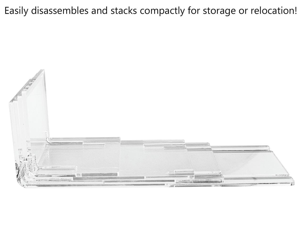 Easily disassembles and stacks compactly for storage or relocation