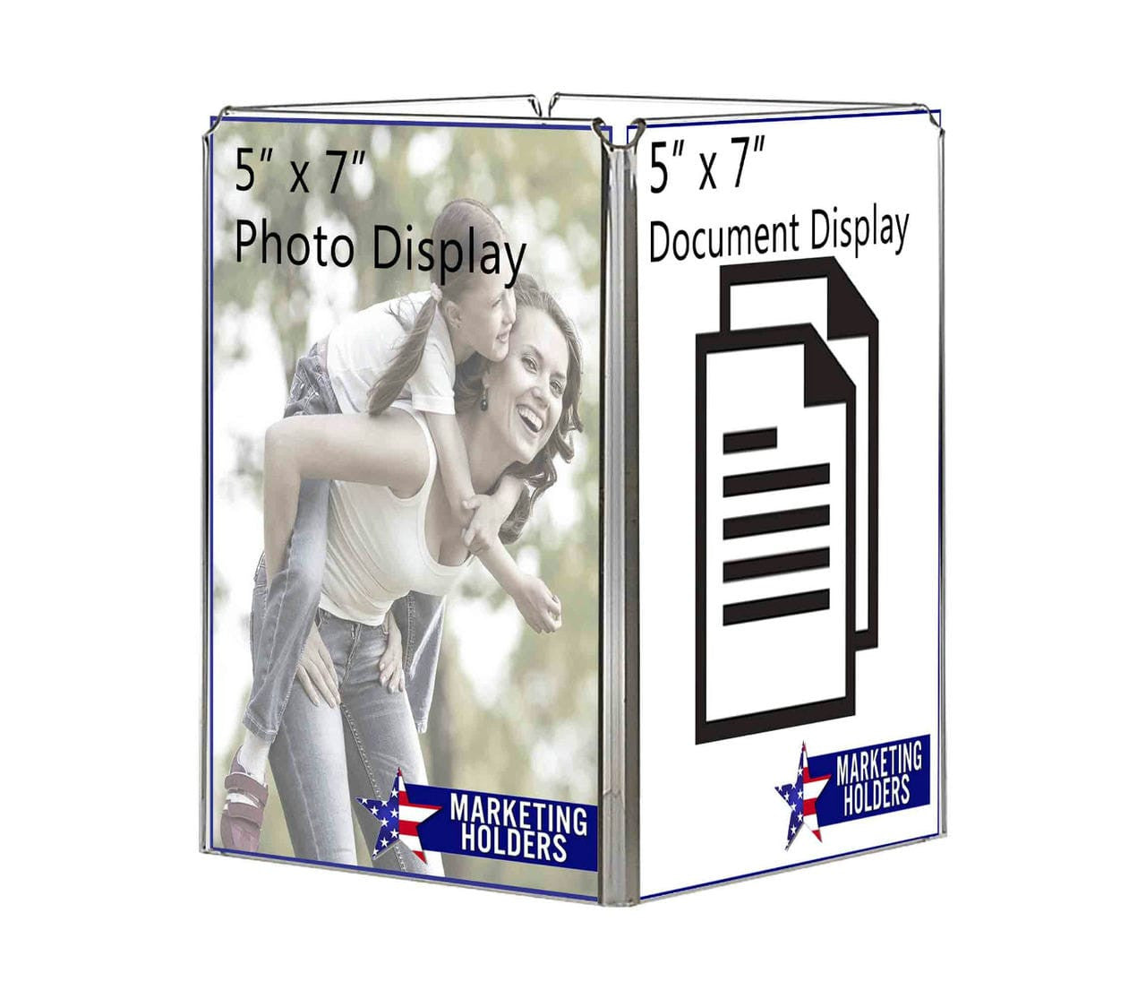 Five inch wide by seven inch high Multi Panel Sign Holder Frame Four Sided Tabletop with Literature