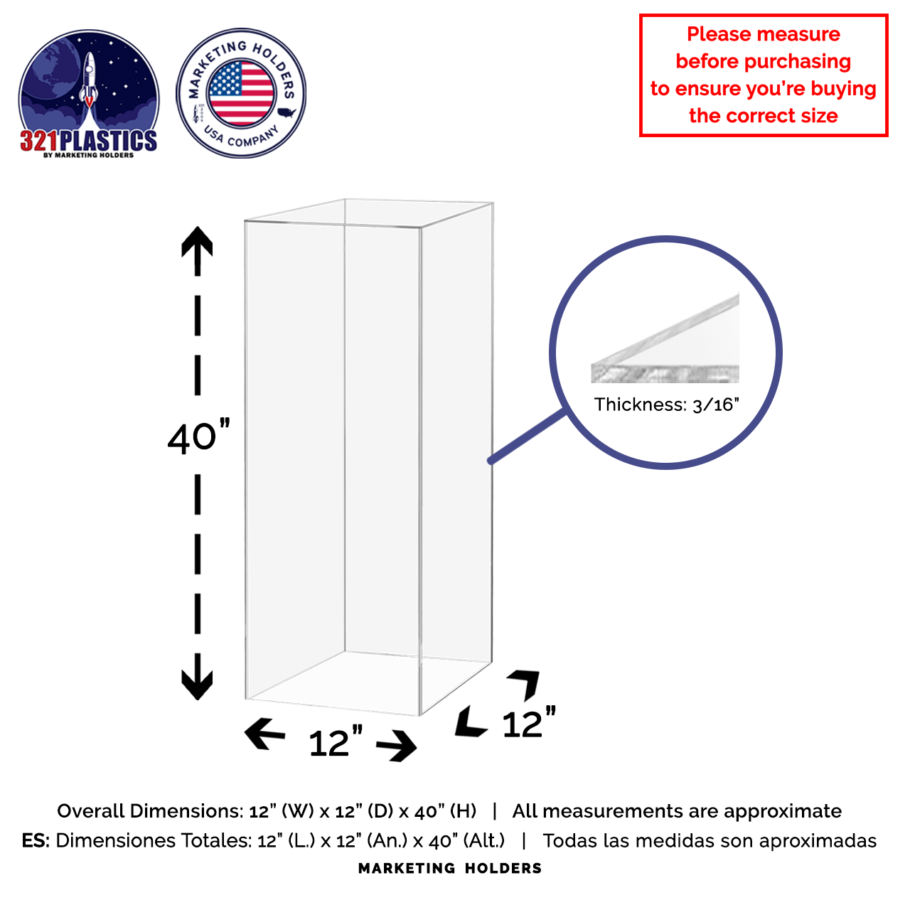 12" x 12" x 40" Rectangular Acrylic Retail Display Box