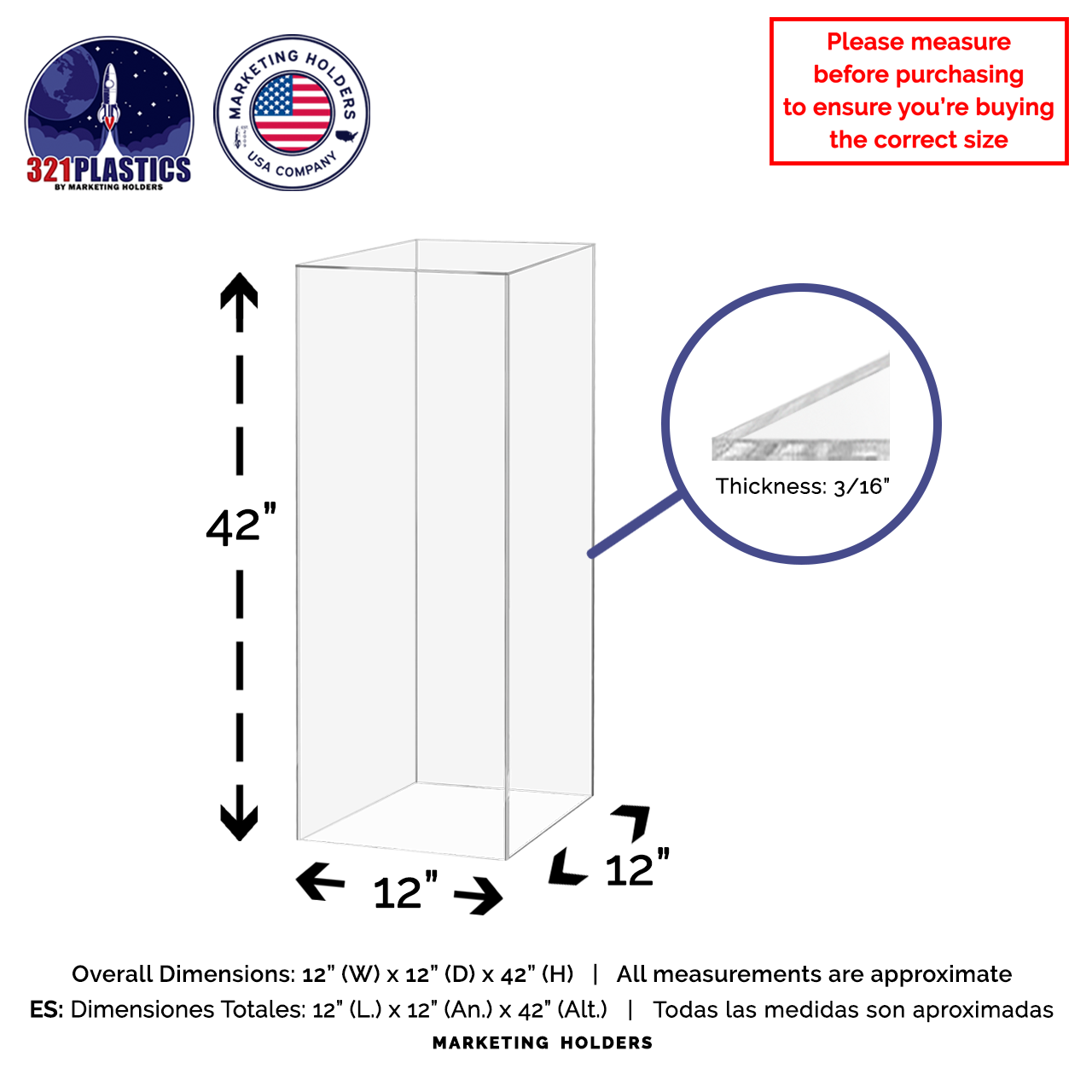 12" x 12" x 42" Tall Acrylic Retail Display Box
