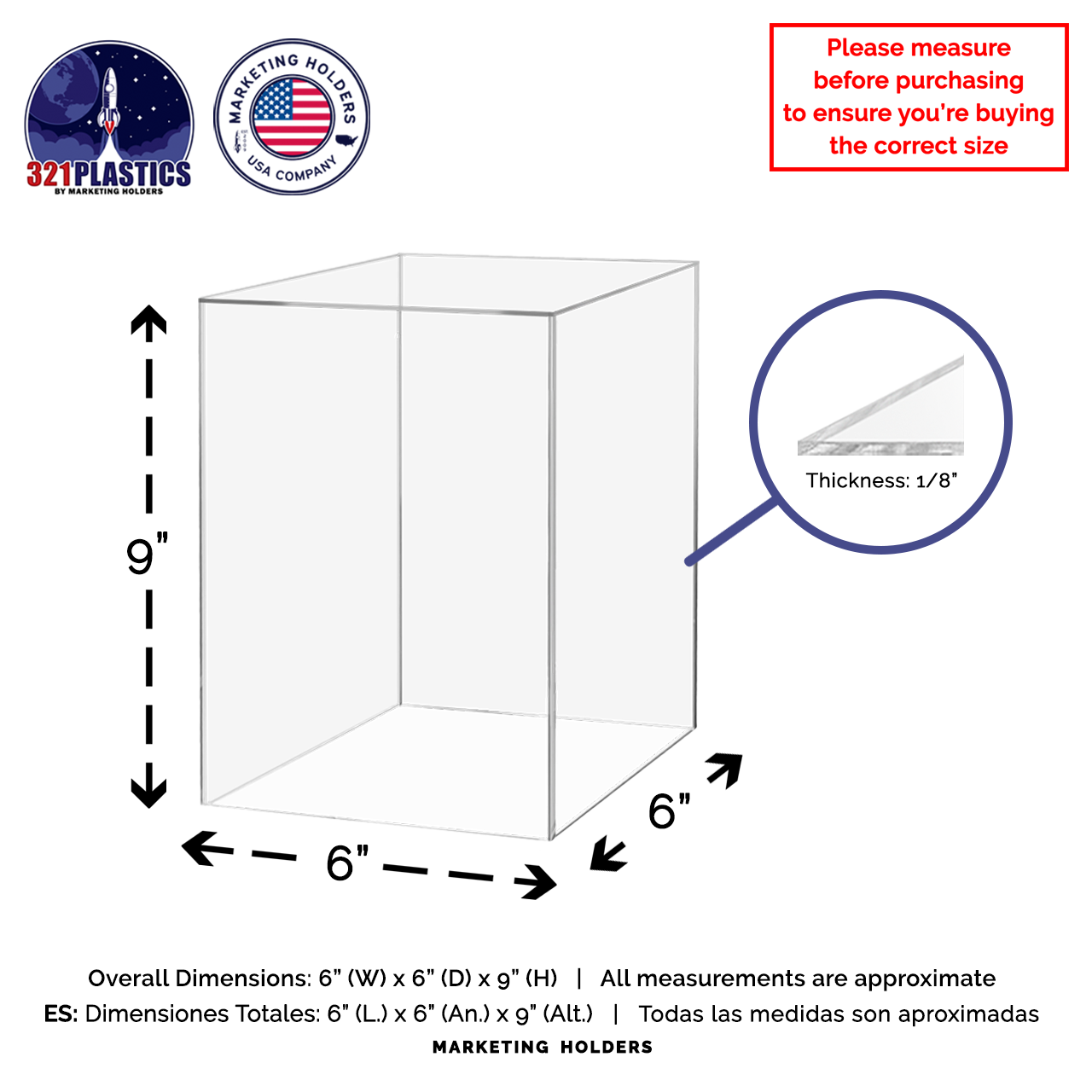 6" x 6" x 9" Clear Acrylic Rectangular Retail Display Box