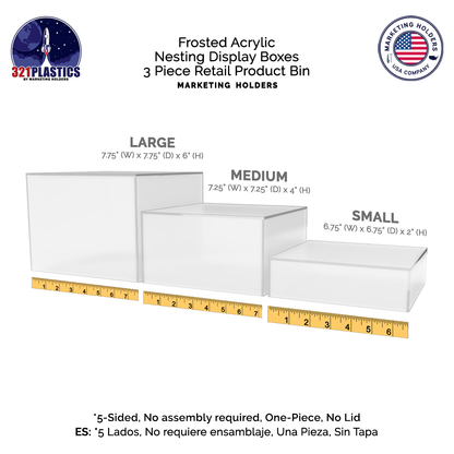 Nesting Display Boxes 3 Piece Retail Product Bin 5 Sided Cube