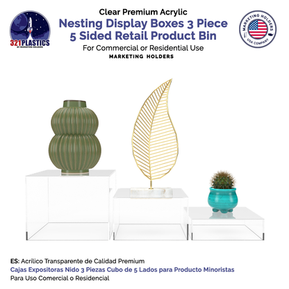 Nesting Display Boxes 3 Piece Retail Product Bin 5 Sided Cube