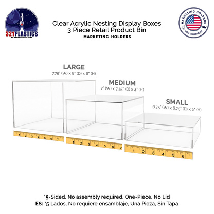 Nesting Display Boxes 3 Piece Retail Product Bin 5 Sided Cube
