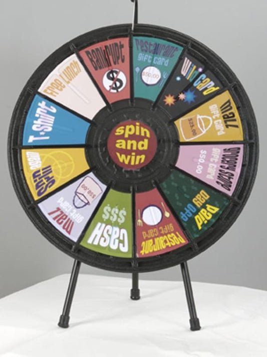 The twelve Slot thirty one inch Table Top Prize Wheel in A Black Travel Case