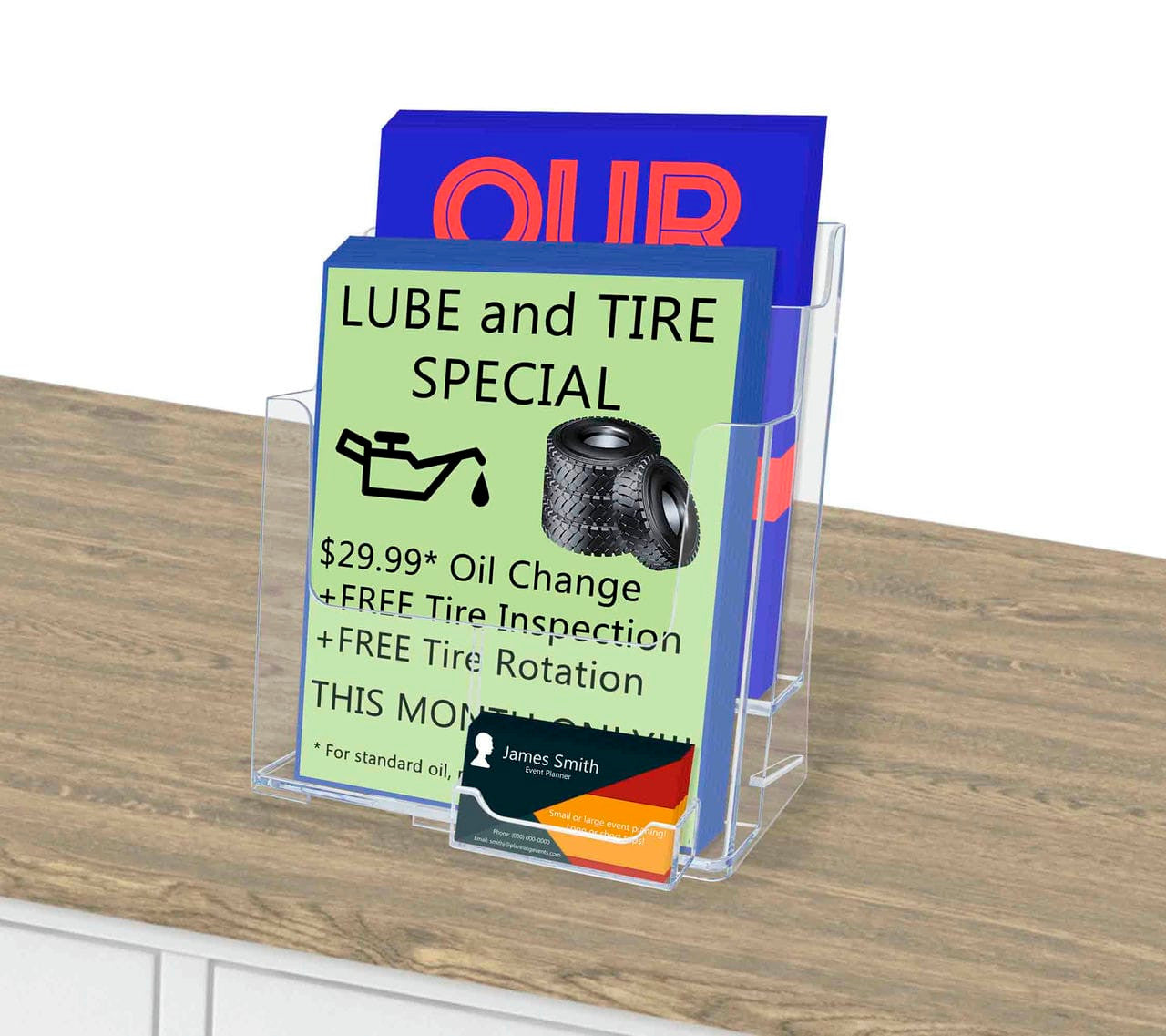 Brochure Holder for Trifolds and Magazines with Card Pocket