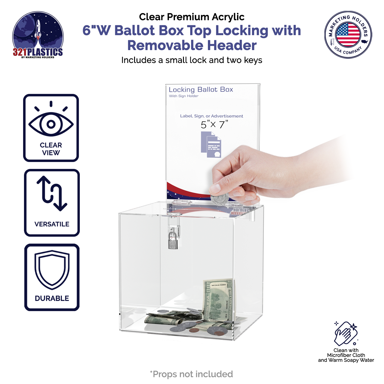 6" Square Ballot Box with Removable Header Clear Acrylic