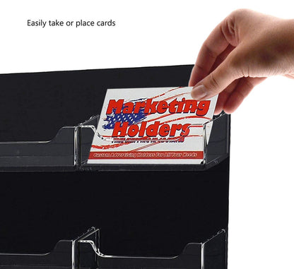 Twenty Pocket Wall Business Card Holder Hanging Rack Membership Cards black and clear with a business card and a hand