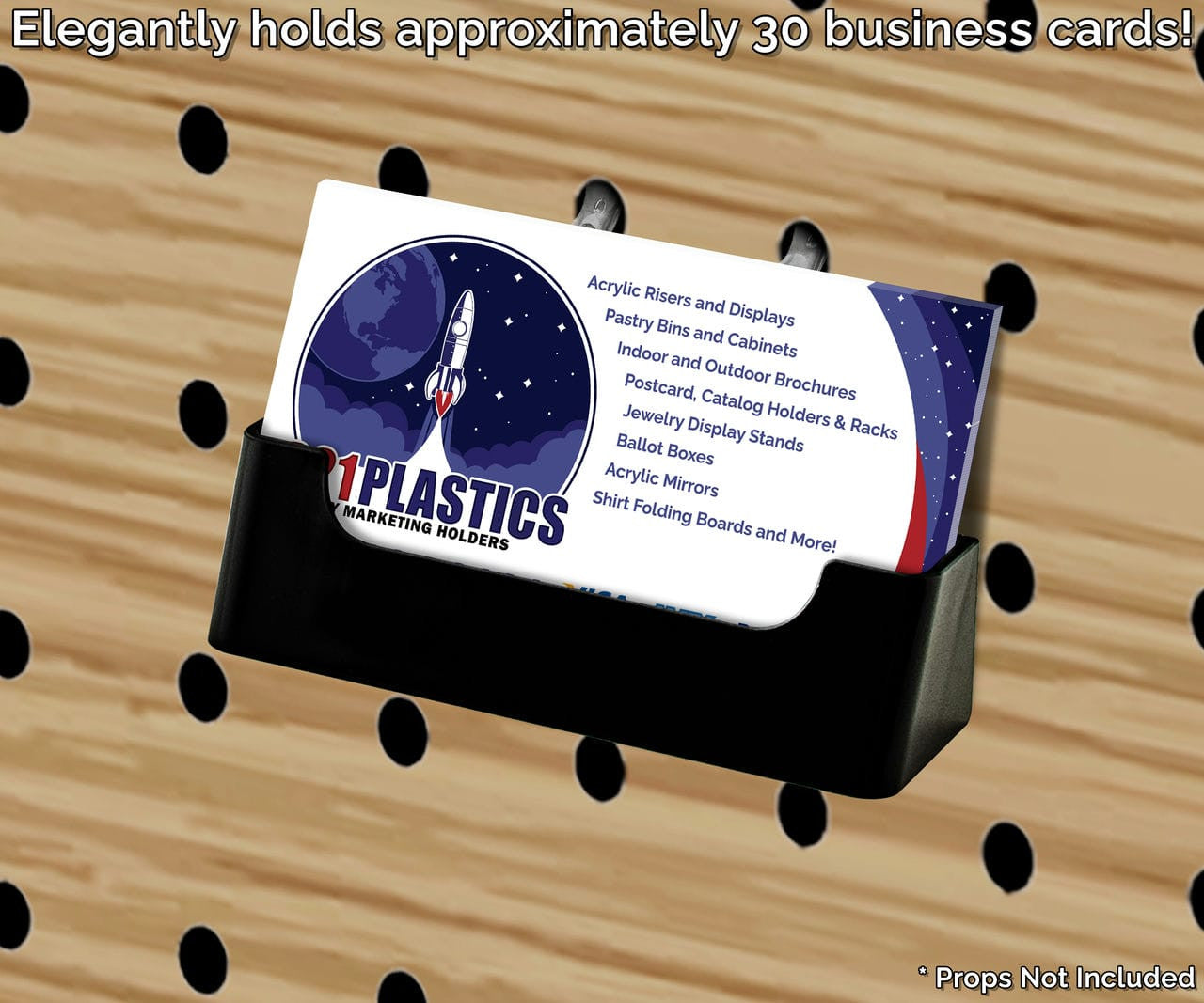 Black Pegboard Business Card Holder on wall with business cards