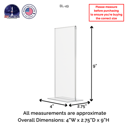 Sign Holder 4"W x 9"H Double Sided Bottom Load Table Tent
