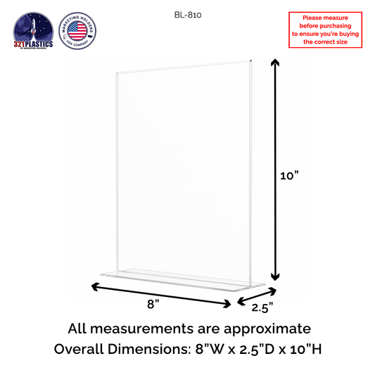 Sign Holder 8"W x 10"H Double Sided Bottom Load Table Tent