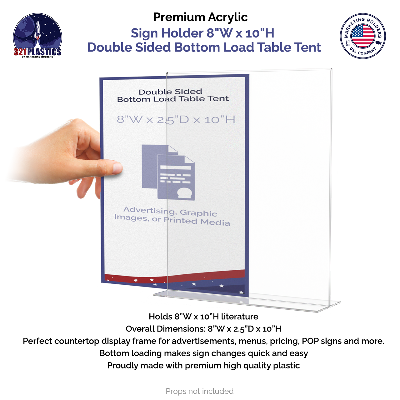 Sign Holder 8"W x 10"H Double Sided Bottom Load Table Tent