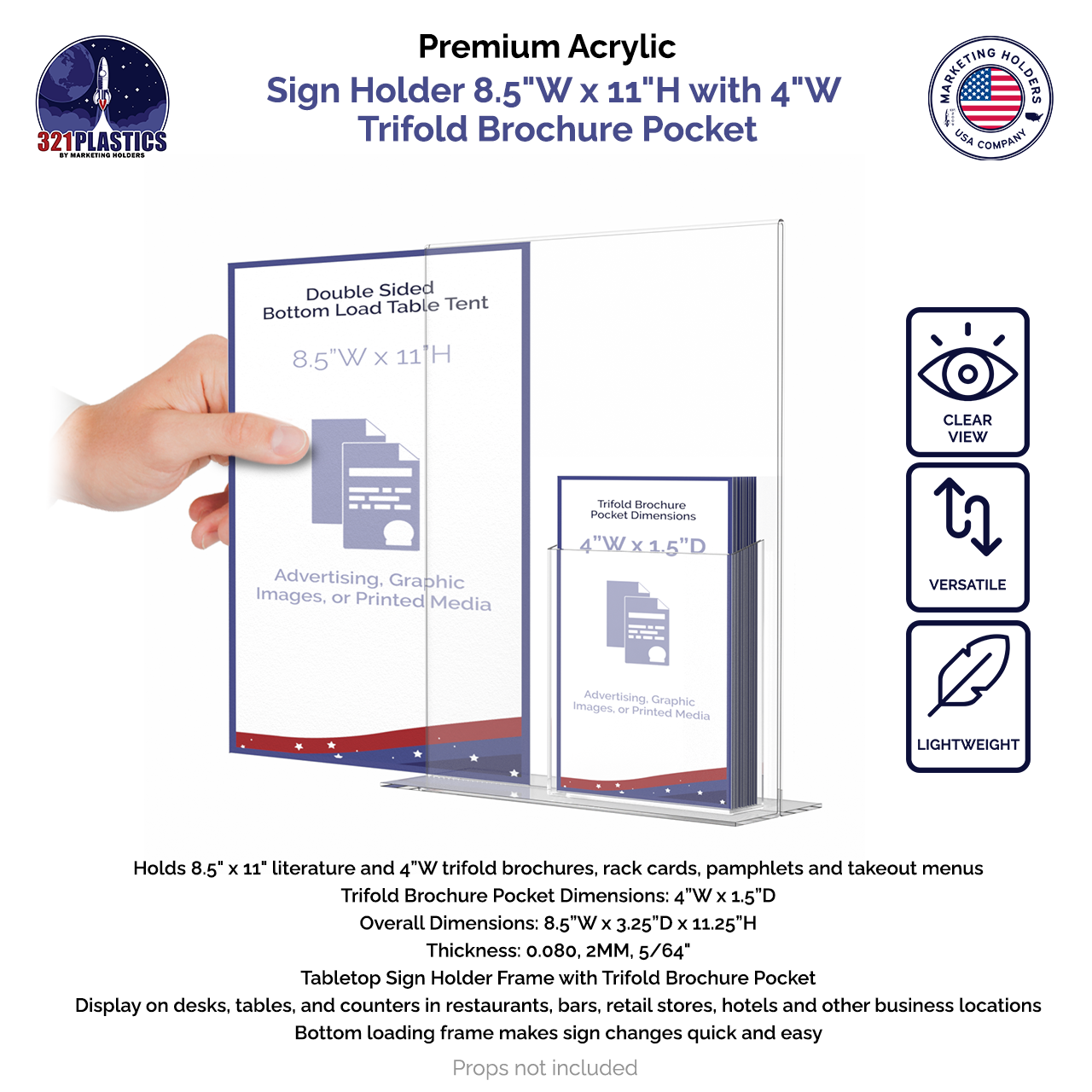 Sign Holder 8.5"W x 11"H with 4"W Trifold Brochure Pocket