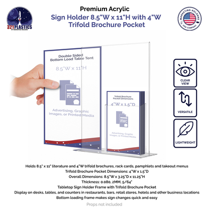 Sign Holder 8.5"W x 11"H with 4"W Trifold Brochure Pocket