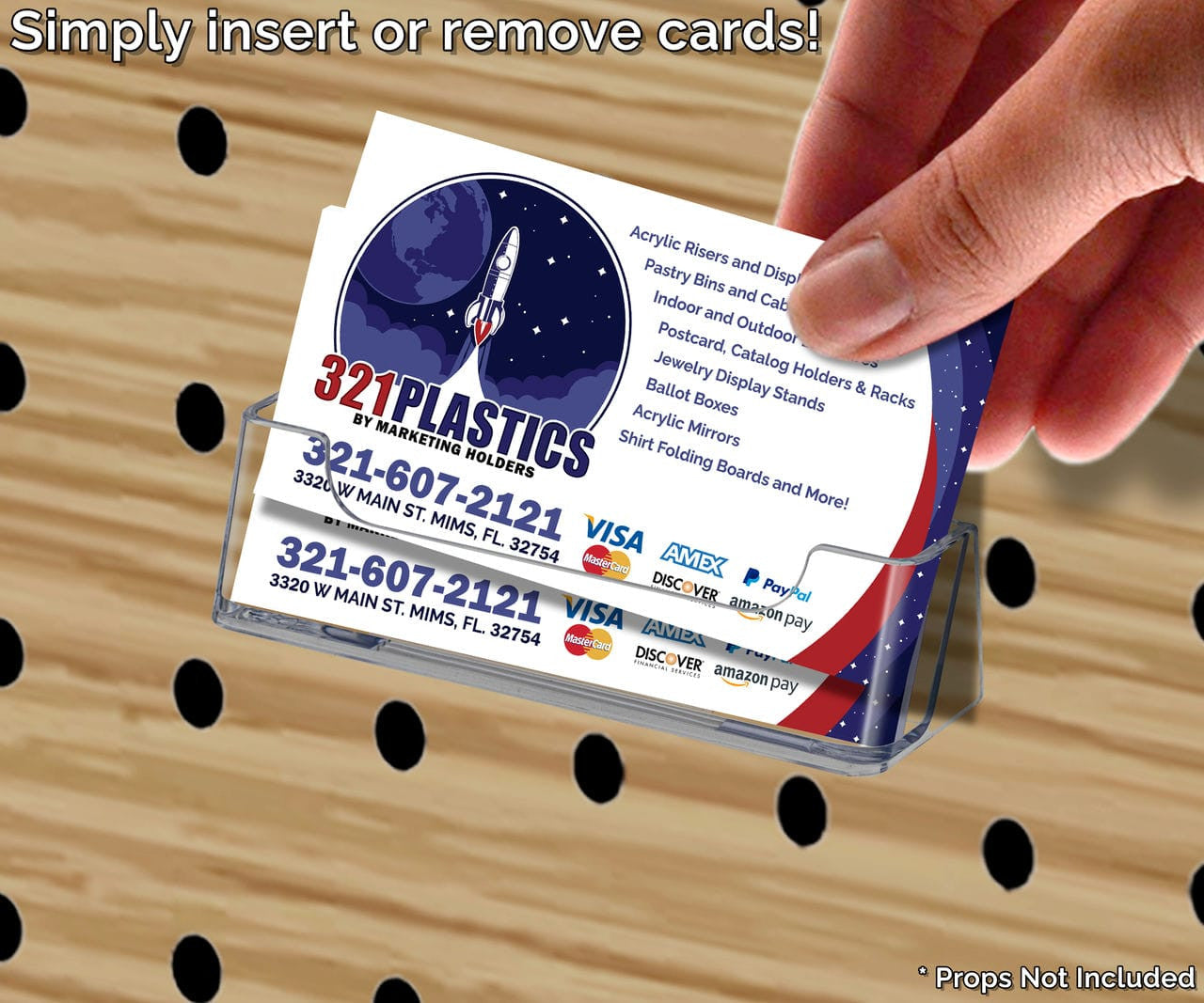 Pegboard Business Card Holder Appointment Rack Display with cards and an action shot