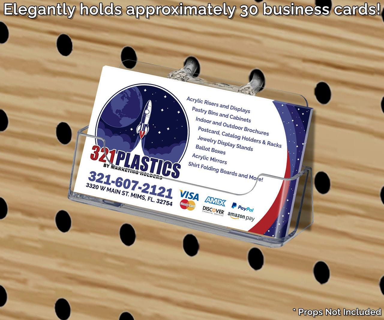 Pegboard Business Card Holder Appointment Rack Display filled with cards on a wall