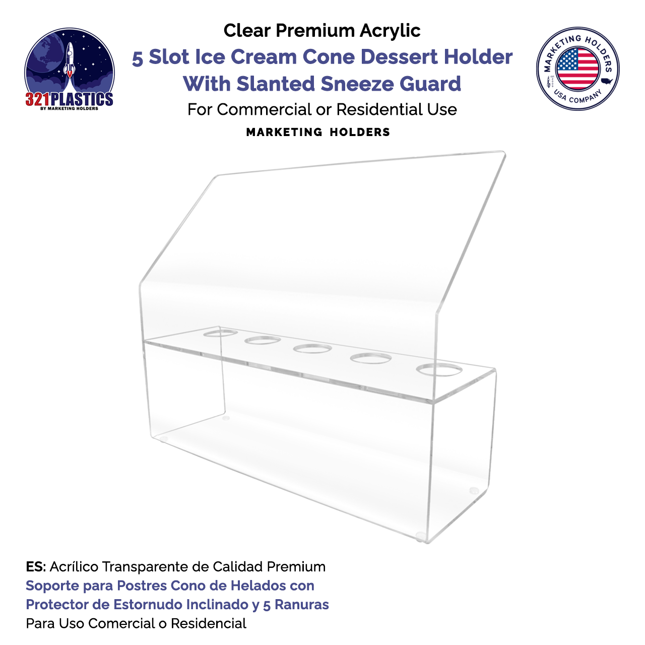 5 Slot Ice Cream Cone Dessert Holder With Slanted Sneeze Guard