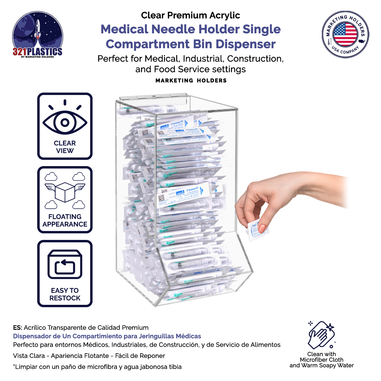 Medical Needle Holder Single Compartment Bin Acrylic Dispenser