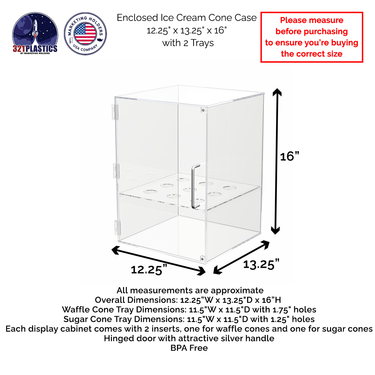 Enclosed Ice Cream Cone Case 12.25" x 13.25" x 16" with 2 Trays
