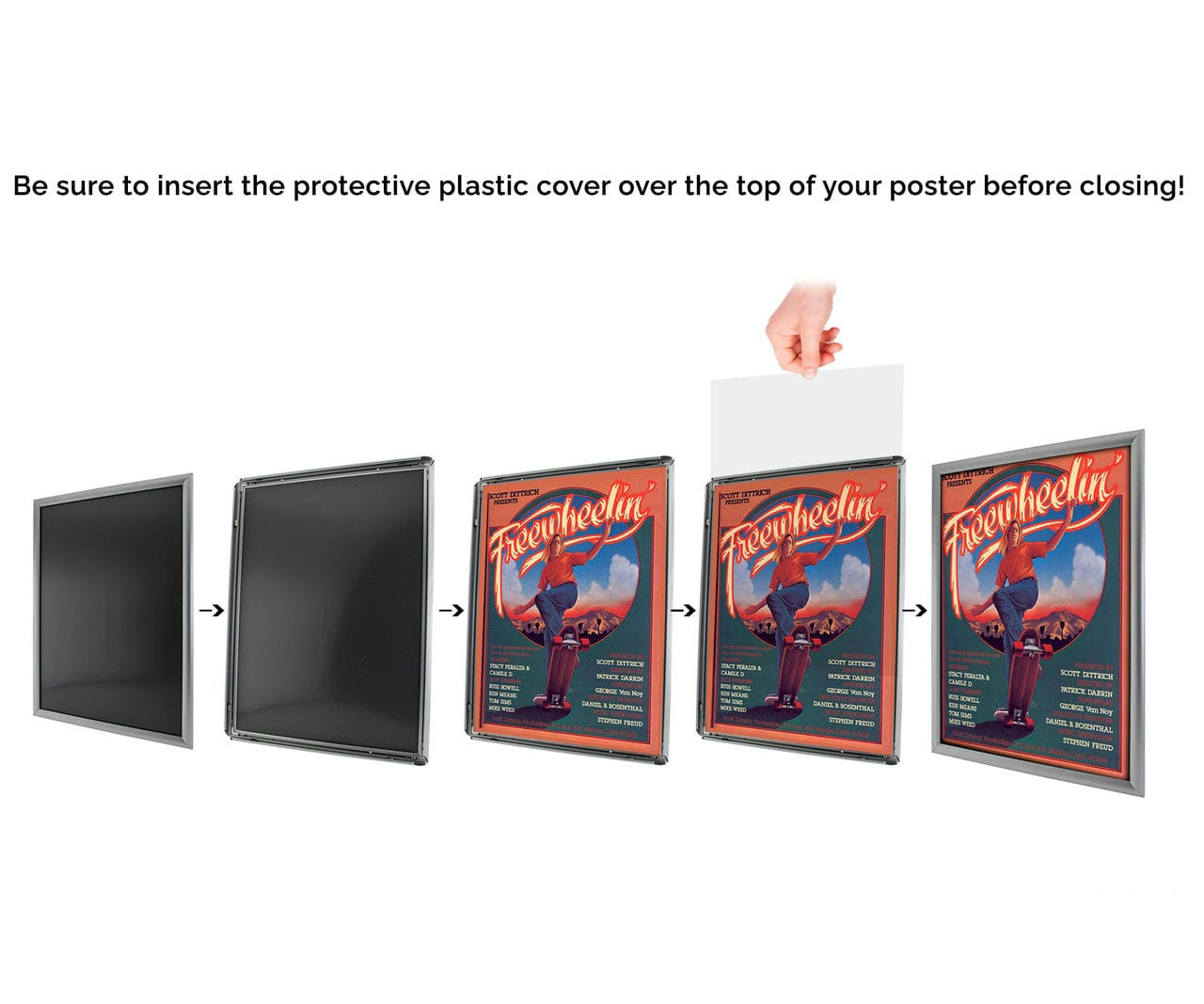 Be sure to insert the protective plastic cover over the top of your poster before closing