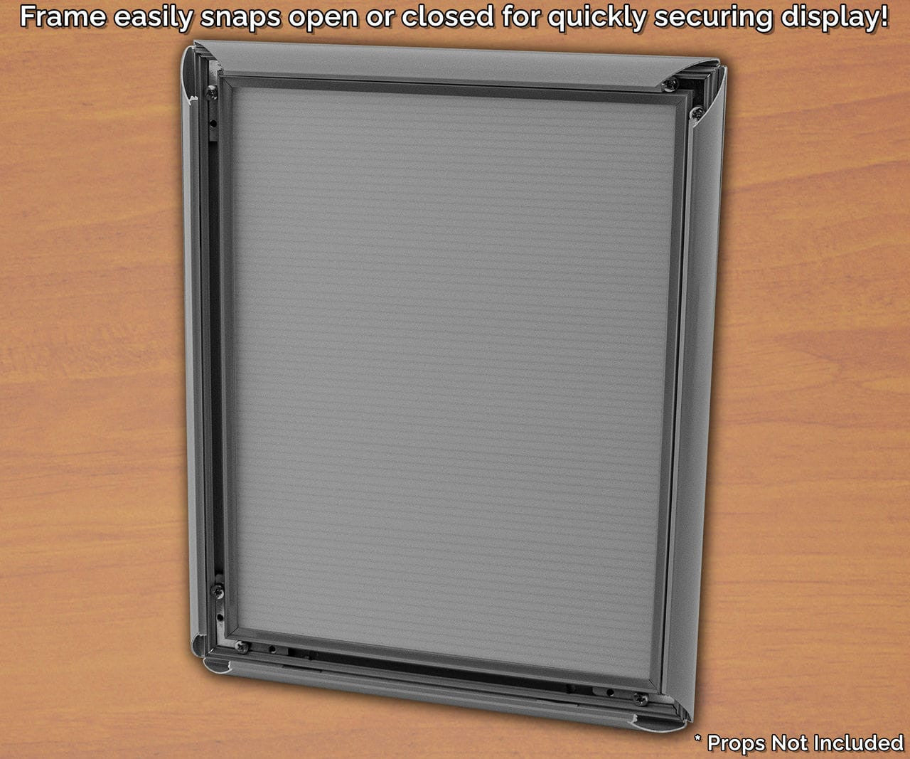 Frame easily snaps open or closed for quickly securing display