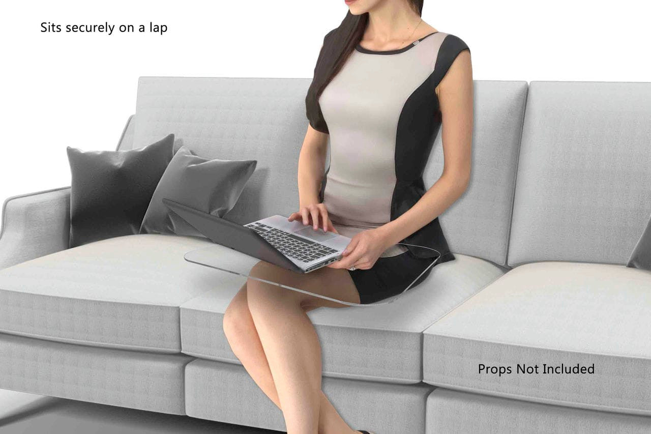 Clear Acrylic Laptop Lap Desk Study Desk with a lady sitting on a couch Twenty Two Inches Wide by Nineteen Inches Deep