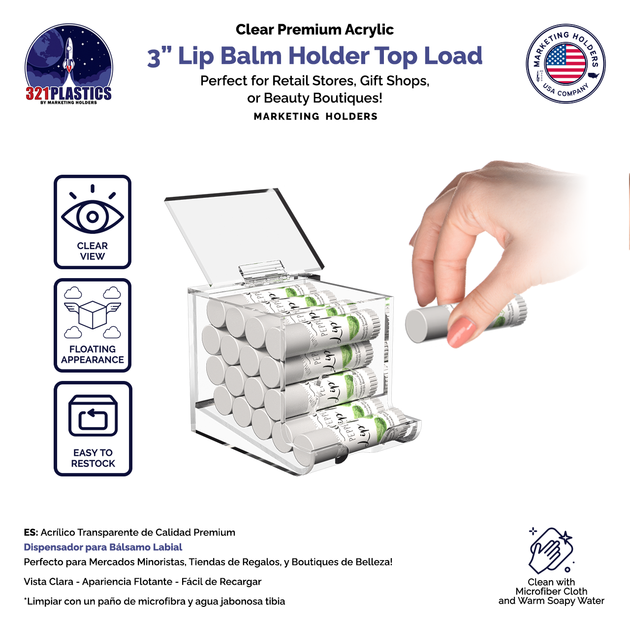 3"W Lip Balm Holder Lipstick Makeup Storage Easy Reach Cutaway