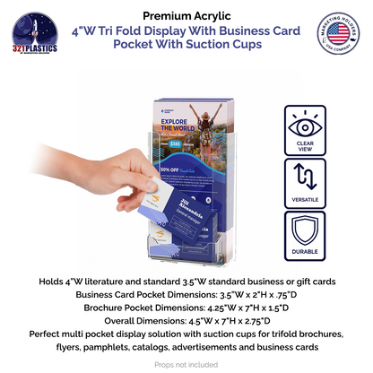 4"W Tri Fold Display With Business Card Pocket With Suction Cups