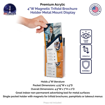 4"W Magnetic Trifold Brochure Holder Metal Mount Display