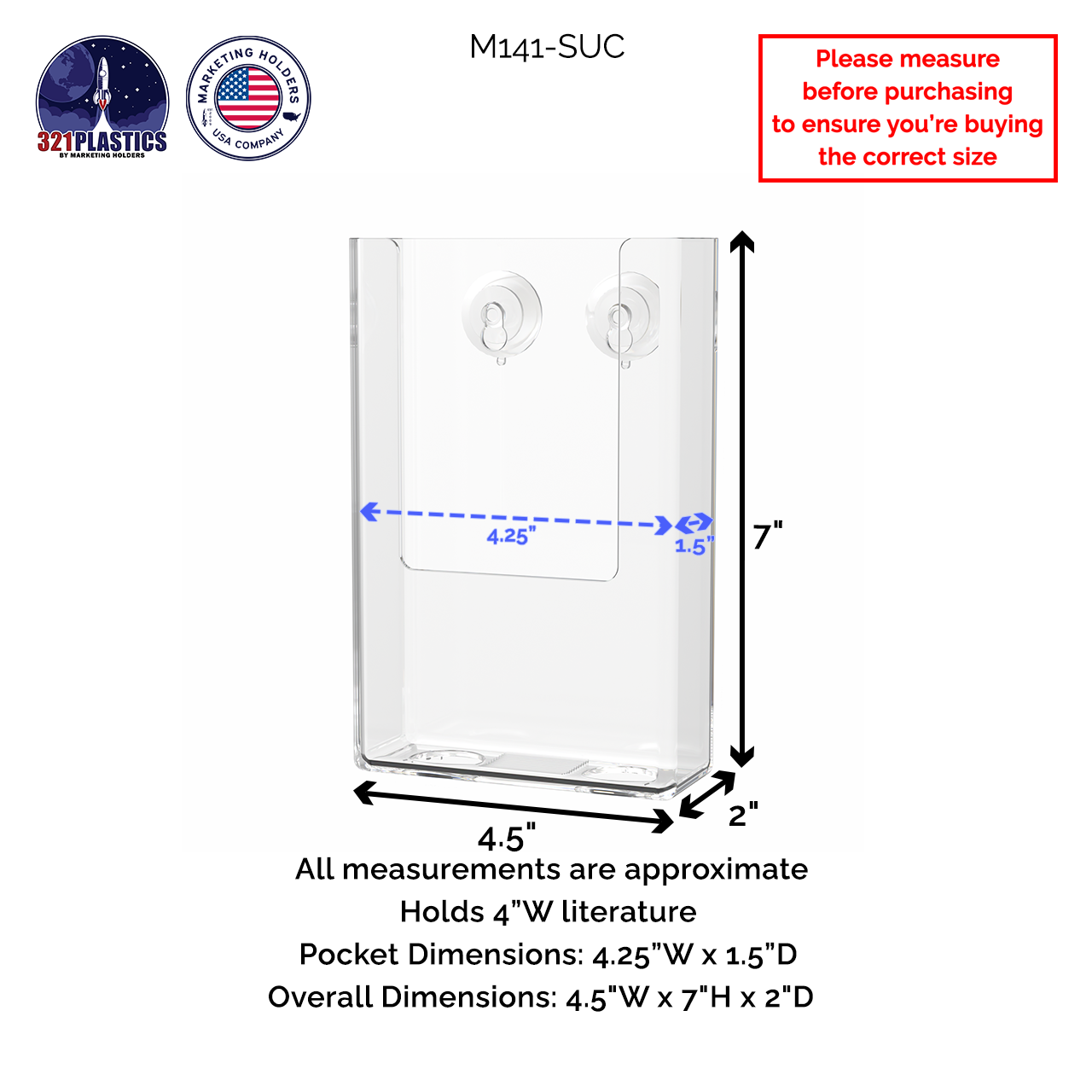 Suction Cup 4"W Trifold Brochure Holder Window Mount