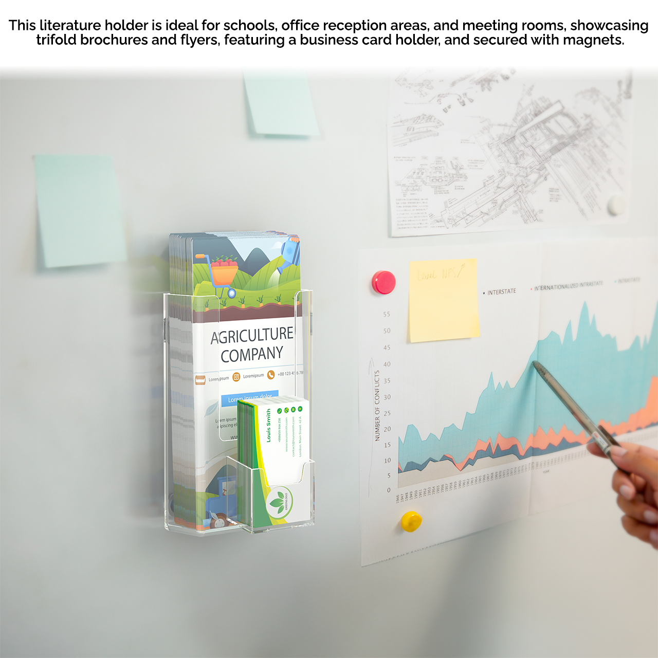 4"W Magnetic Trifold Brochure Holder with Vertical Card Pocket