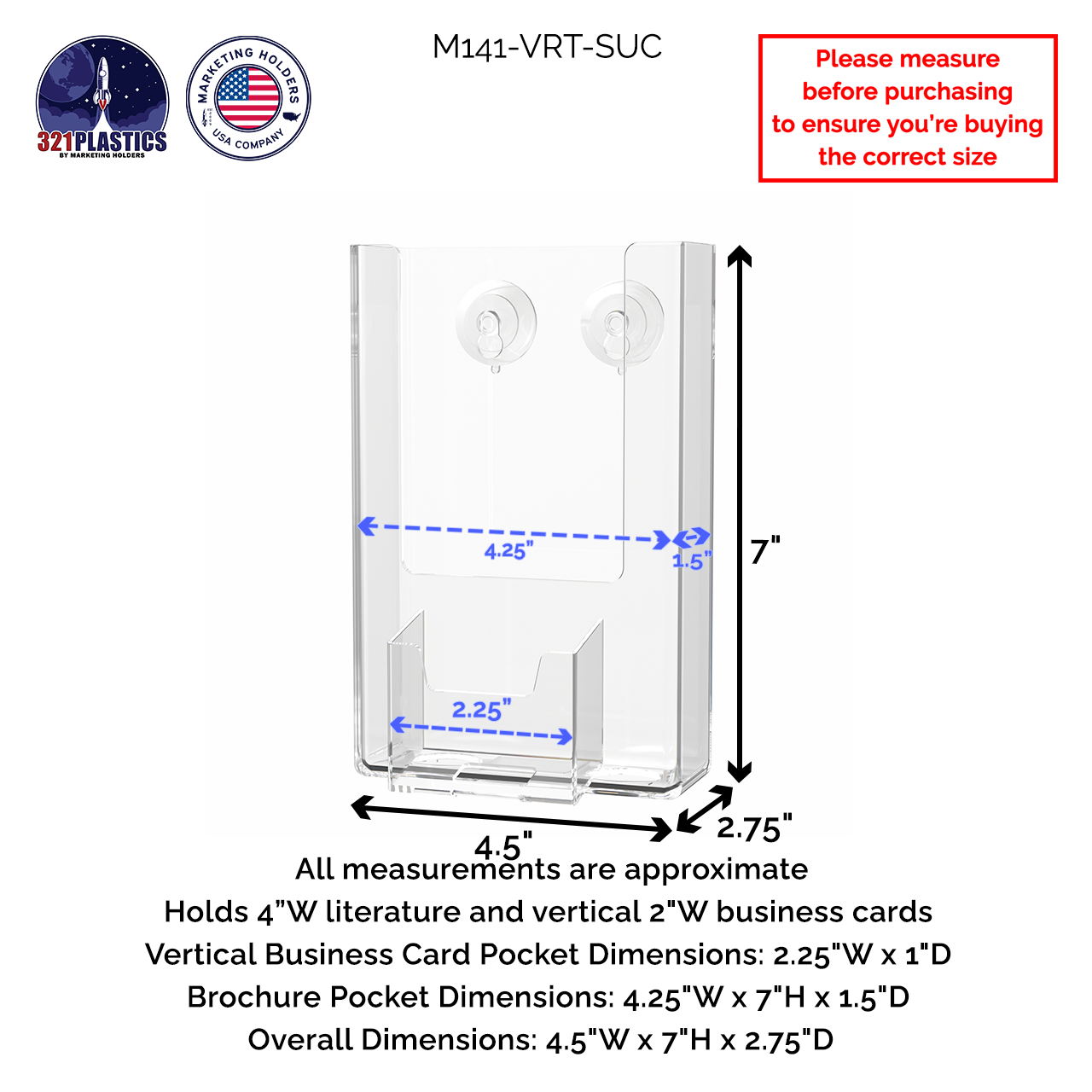 Suction Cup 4"W Trifold Holder with Vertical Card Pocket Window Mount