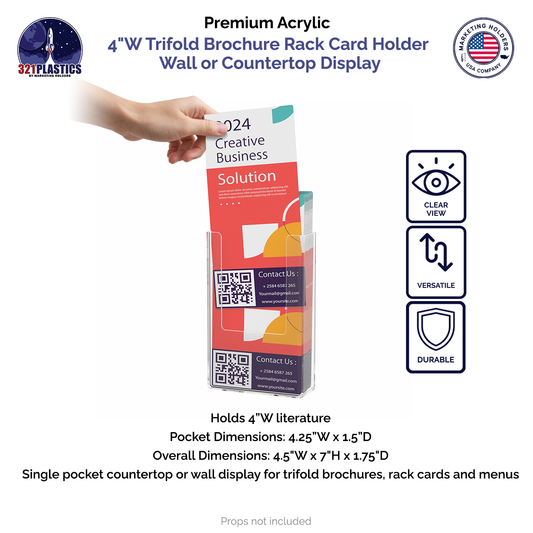 4"W Trifold Brochure Rack Card Holder Wall or Countertop Display