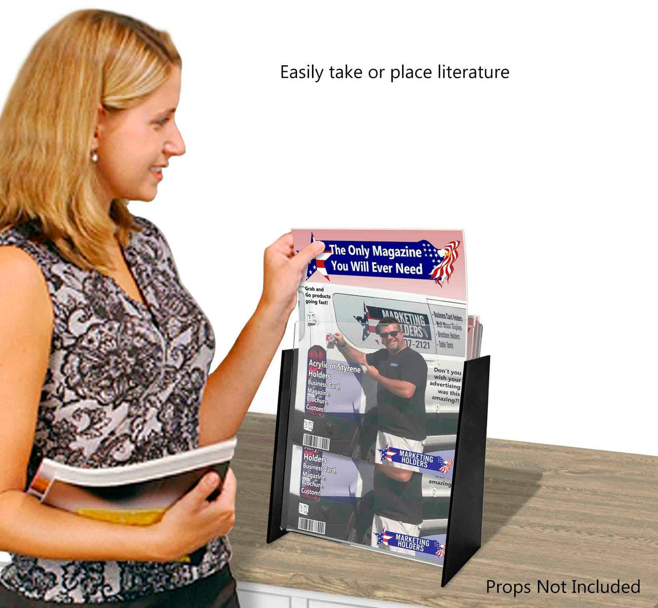 Eight and a half inch wide Vertical Magazine Catalog Stand Countertop Black Clear