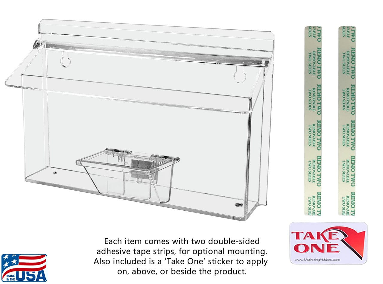 Eleven inches wide Outdoor Holder with Business Card Box and Brochure Display with adhesive strips take one sticker and text