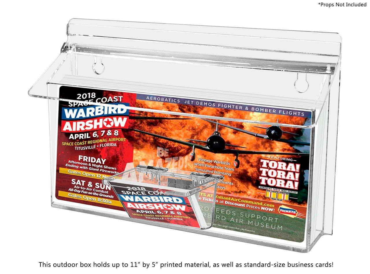 Eleven inches wide Outdoor Holder with Business Card Box and Brochure Display filled with lit and cards with text