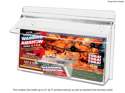 Eleven inches wide Outdoor Holder with Business Card Box and Brochure Display filled with lit and cards with text