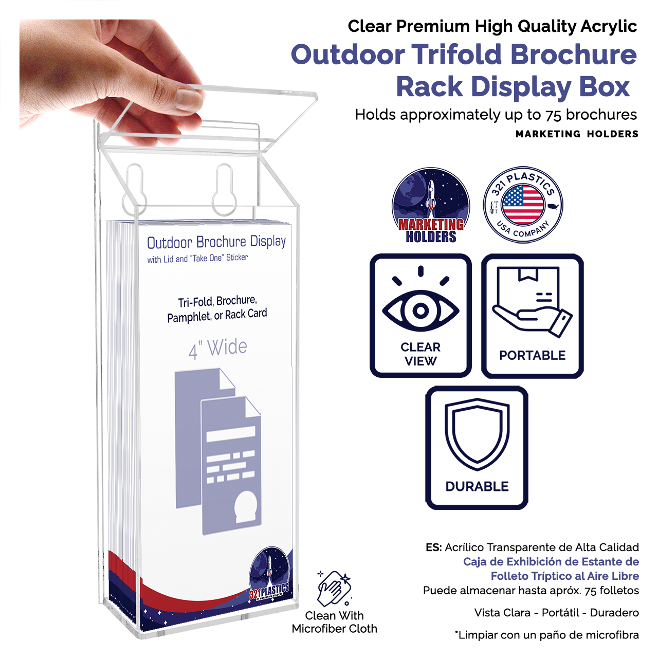 4"W x 9"H Outdoor Trifold Holder Wall Brochure Box with Lid