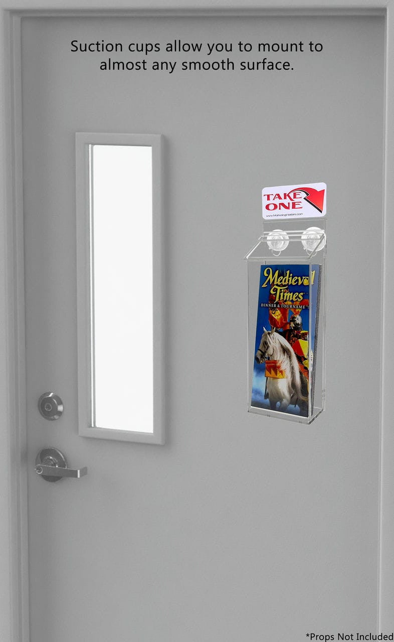 outdoor brochure holder with suction cups  with a take a card sticker installed on a metal door or smooth surface