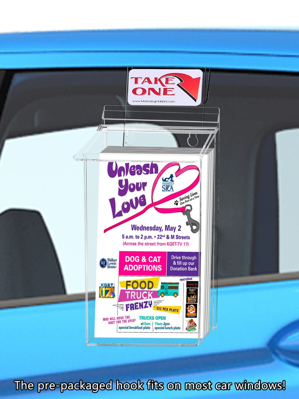 Six Inch Wide by Ten Inches High Outdoor Brochure Holder with Lid and Window Hook on vehicle