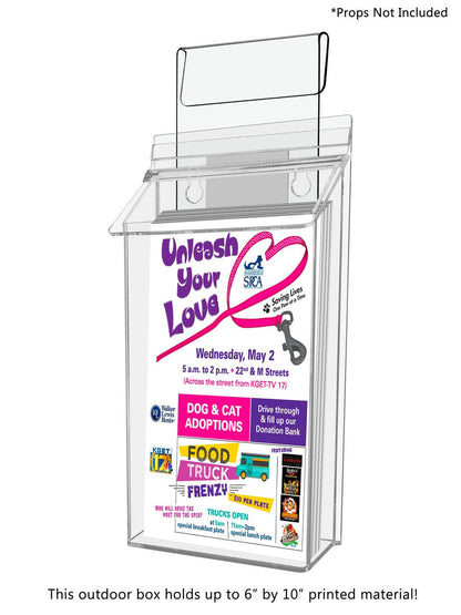 Six Inch Wide by Ten Inches High Outdoor Brochure Holder with Lid and Window Hook