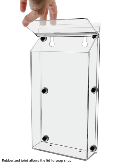 Magnetic Outdoor Brochure Holder with Lid installed on a smooth metal surface with an open lid