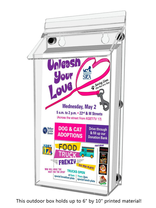 Magnetic Outdoor Brochure Holder with Lid installed on a smooth metal surface